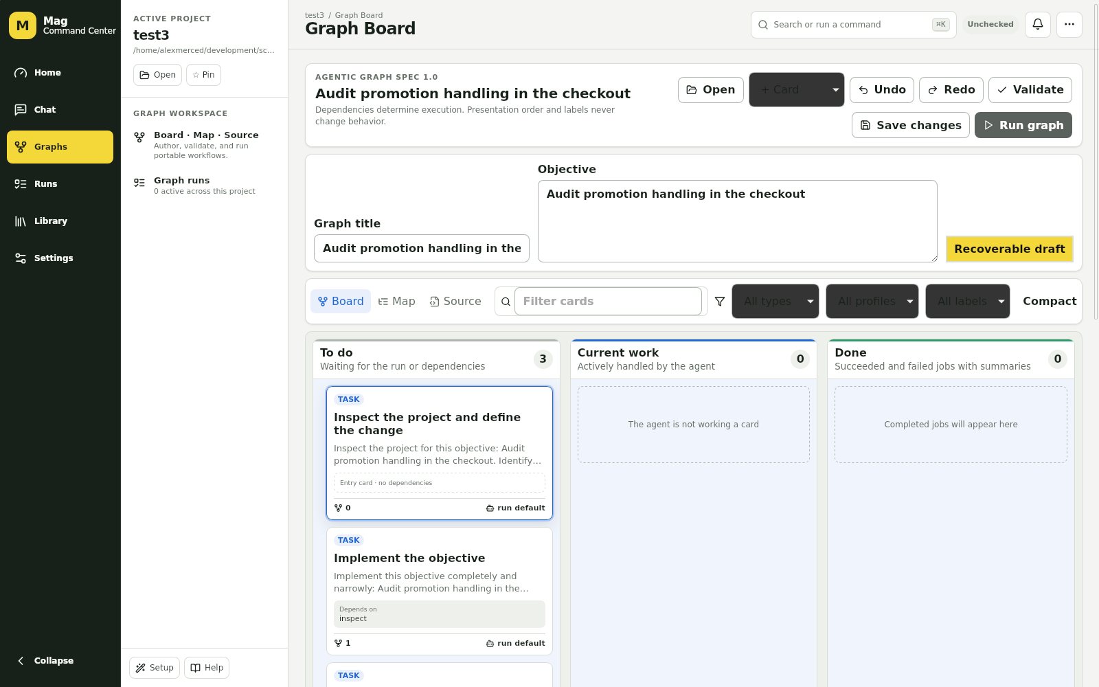 Mag Command Center's Graph Board with a generated Agentic Graph draft: an objective field, board, map and source tabs, filter controls, and task cards in a To do column showing their dependencies.